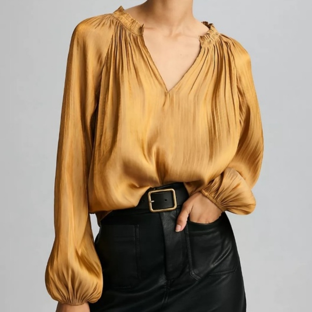 NWT Anthro Current Air Golden Mustard Crinkle Popover Pleated Puff Sleeve Blouse